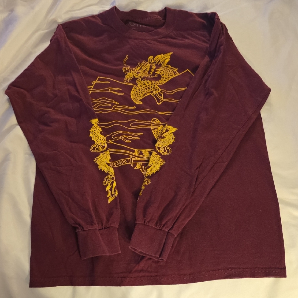 Maroon Long Sleeve Shirt with Gold Dragon Design Wu Tang